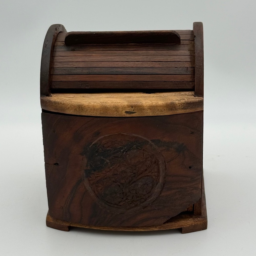 Vintage Hand Carved Wooden Roll Top Cigarette Dispenser Box with Drawer